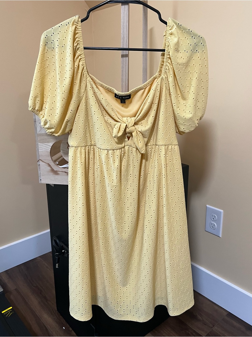 As U Wish Pastel Yellow Eyelet Tie-Front Dress